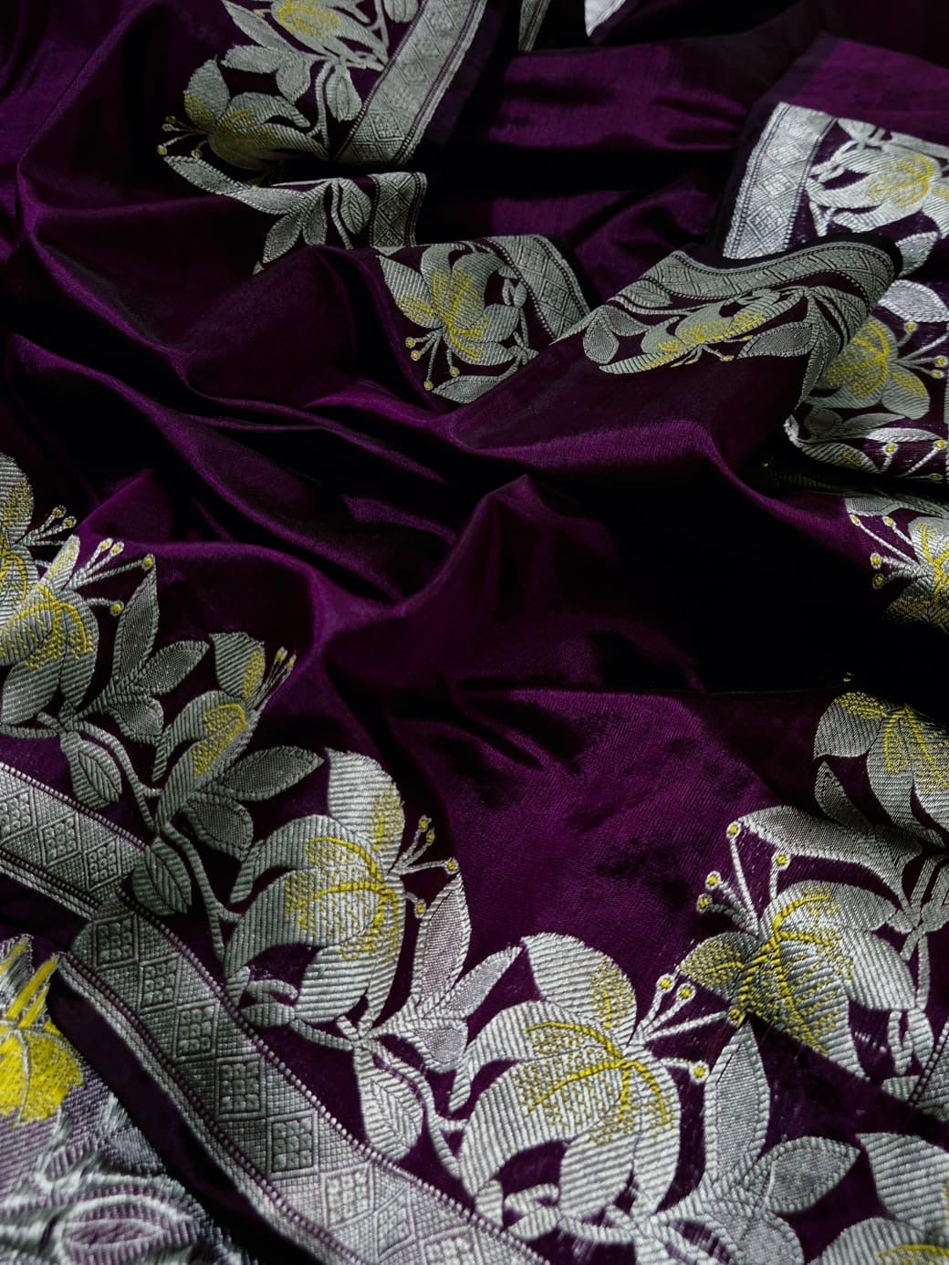 Wine Blossom Pure Silk Chanderi Saree pleats close-up