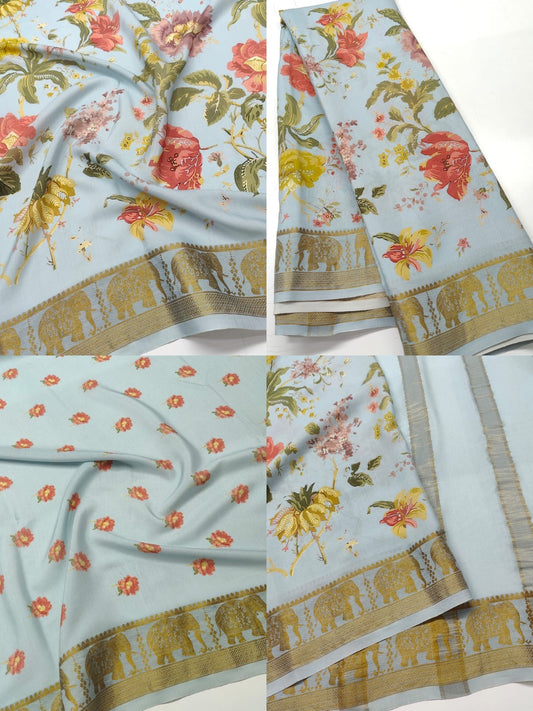 Pure Mysore Silk Crepe Saree Pastel Floral Prints with Zari Border