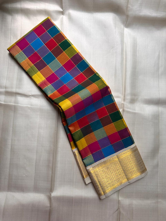 Draped view of a pure Kanchipuram silk saree with multicolour Paalum Pazhamum checks, ivory body, and antique gold zari borders