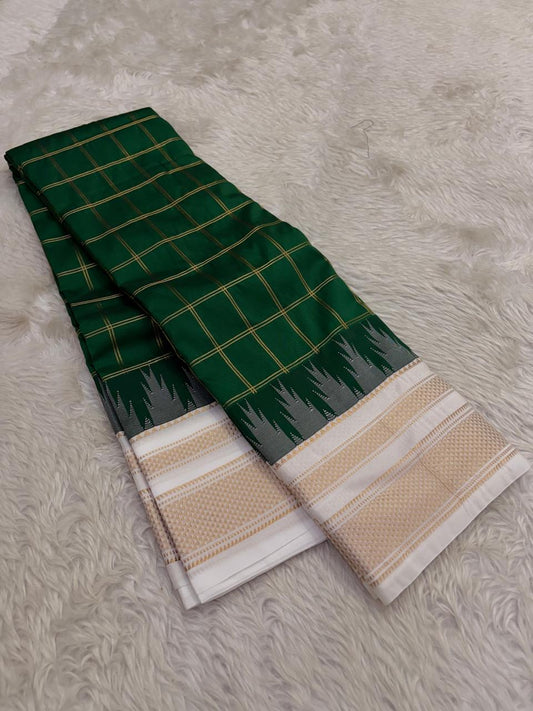 Emerald Green Lightweight Pure Silk Kanchipuram Kattam Saree with Ivory Gold Border