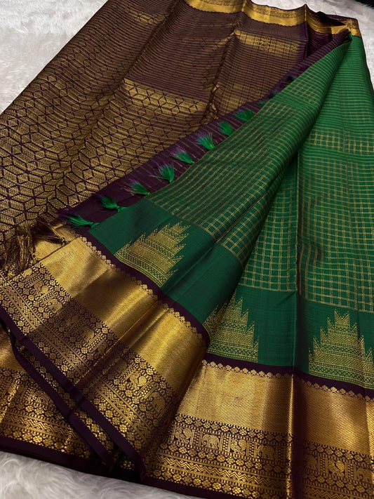 Emerald green Kanchipuram silk saree with Zari Kattam weave and purple Thazhampoo Reku border — Idam Living