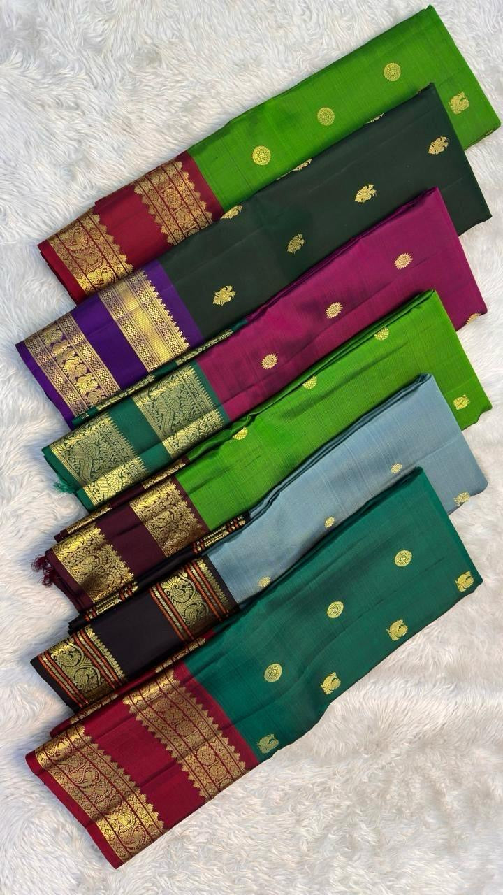 Evergreen Kanchipuram silk saree with royal violet contrast rettapet border Idam Living