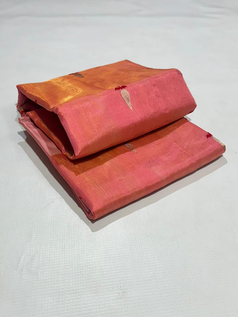Pleats detail of Peach Ember Pure Silk Chanderi Saree
