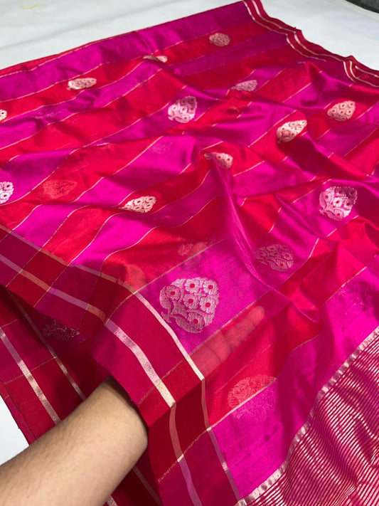Ruby Silk Pure Silk Chanderi Saree drape showcasing Antique Gold Border