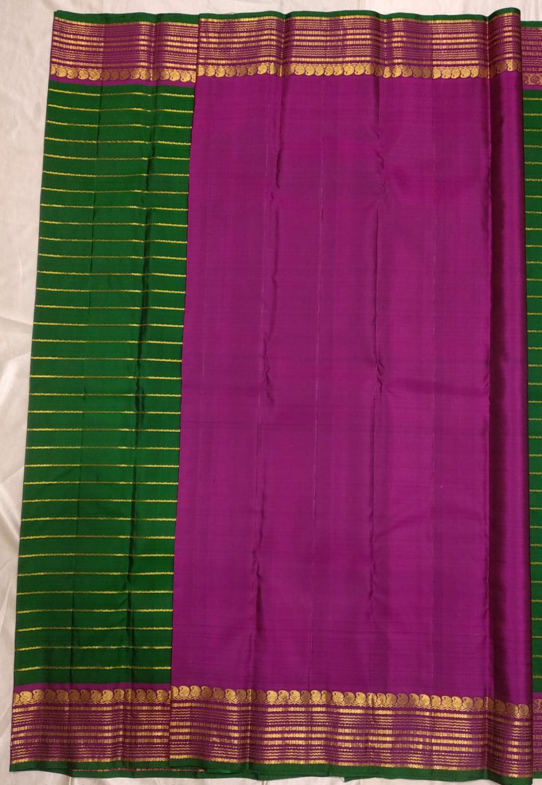 Forest Green and Magenta Korvai Kanchipuram Silk Saree with Veldhari Body and Yaanai Border