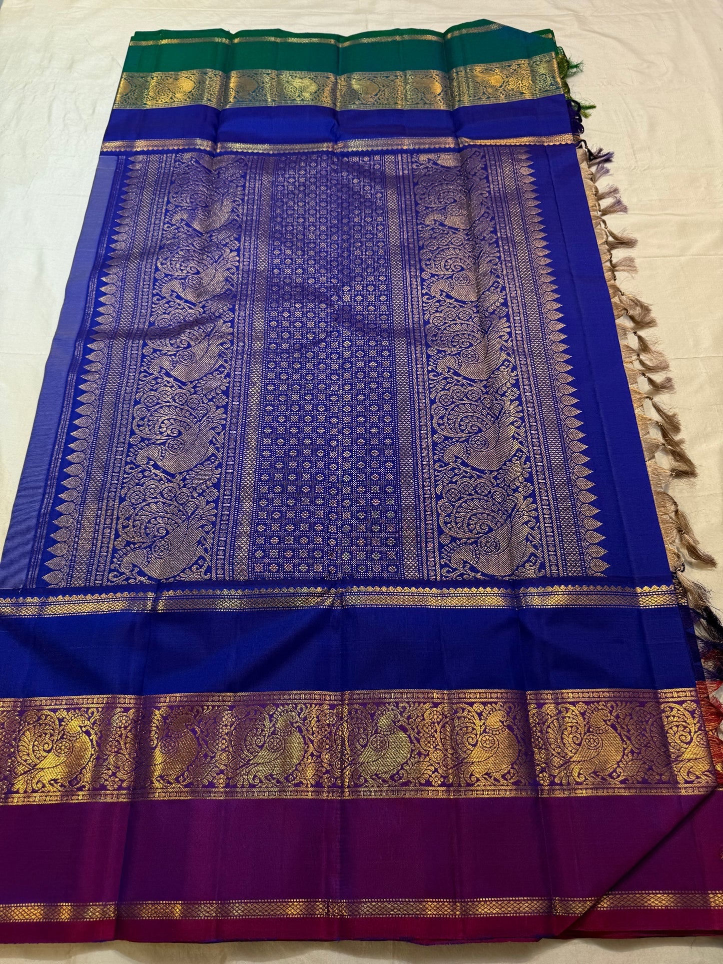 Gold beige Korvai KanchiPattu silk saree with royal blue border and purple peacock pallu — Idam Living