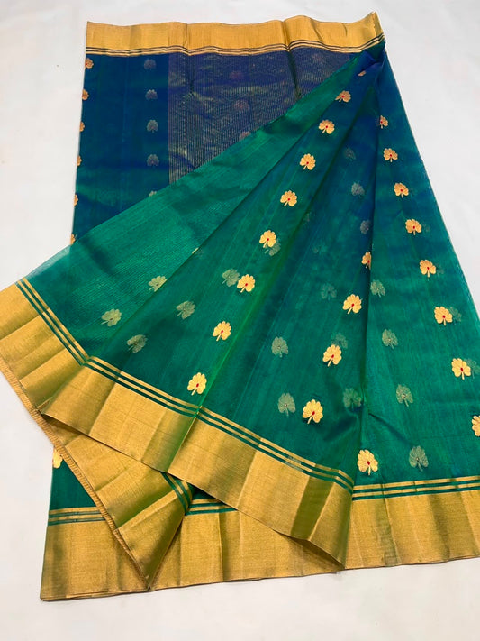 Gold floral buttas woven on peacock teal Katan Silk Chanderi