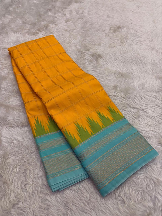 Golden Mustard Lightweight Pure Silk Kanchipuram Silk Thread Kattam Saree with Turquoise Blue Border