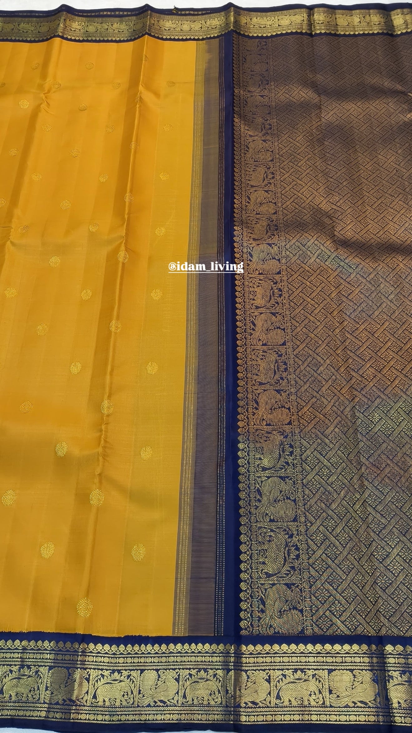 Golden Yellow Handwoven Pure Silk KanchiPattu Saree with Navy Korvai Zari Border