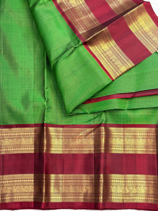 Leaf green handwoven Kancheepuram silk with gold Zari Kattam checks
