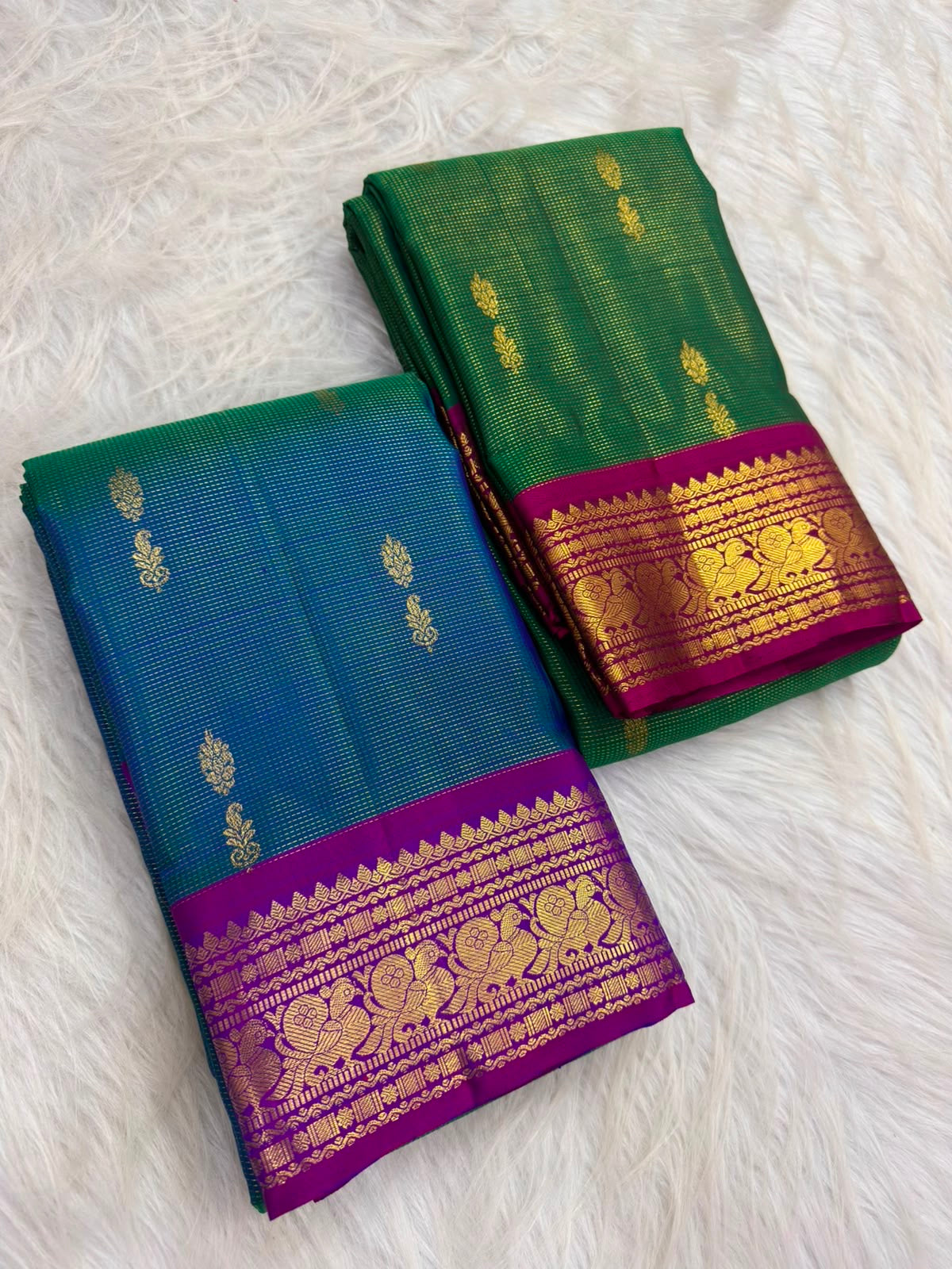 Peacock and floral zari border, emerald-green Vairaoosi KanchiPattu saree
