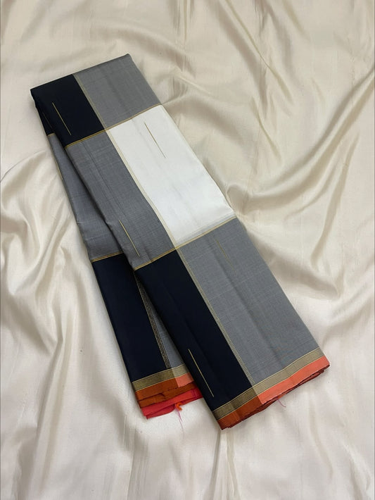 Grey and Black Paalum Pazhamum Handwoven Pure Silk Kanchipuram Saree with shot color red Orange pallu