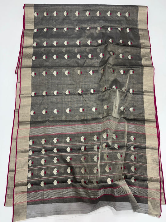 Draped view of Charcoal Silk Pure Silk Chanderi Saree with Antique Gold Border