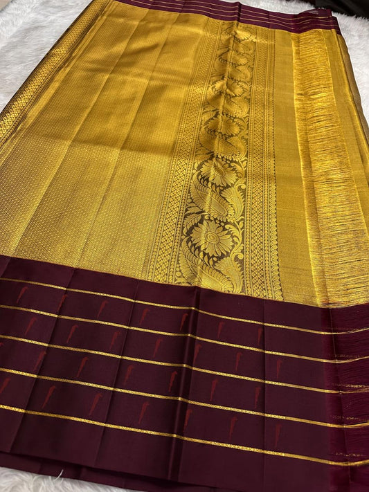 Muted Gold and Deep Plum Handwoven Pure Silk Kanchipattu Saree with Korvai Border