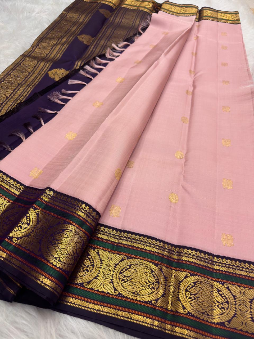 Handwoven Blush Rose Kanchipuram saree full drape — Idam Living