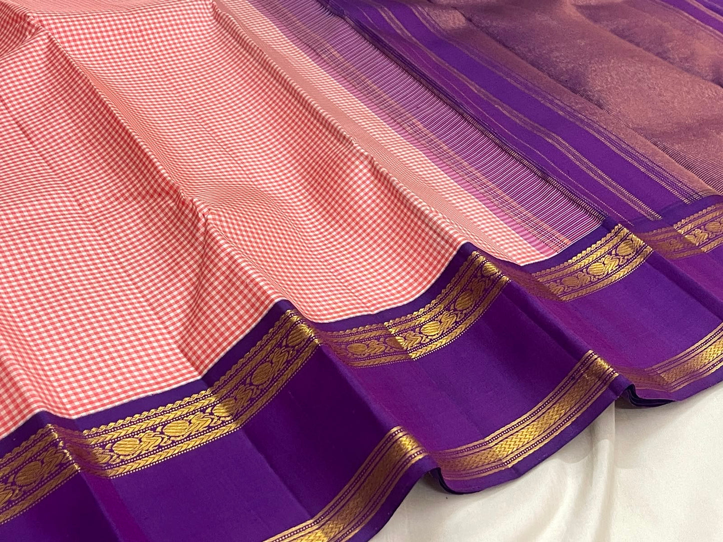 Handwoven rose pink Kanchi Pattu saree, pure Kanchi Kattam silk — Idam Living.