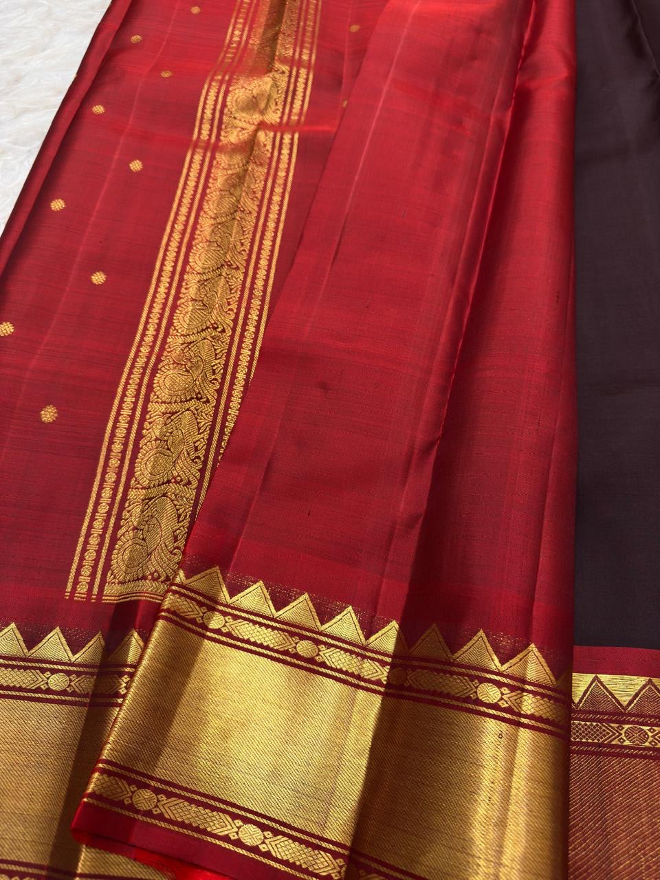 Handwoven Kanchipuram Paaku brown pure silk saree with zari detailing, close view