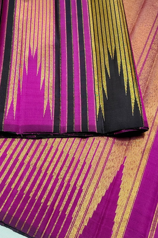 Temple-inspired gold zari border on dark chocolate brown Ettukol Kanjivaram silk saree