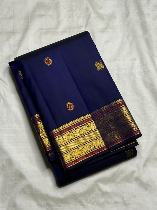 Meenakari silk thread and gold zari butta on midnight navy Kanjipuram silk saree body — Idam Living