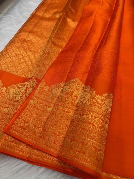 Handwoven orange Kanjipuram pure silk saree, Idam Living