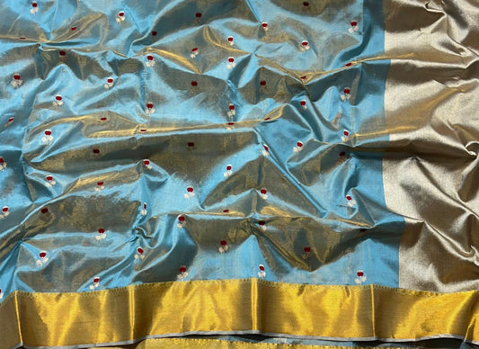 Powder blue Chanderi saree with gold-toned border