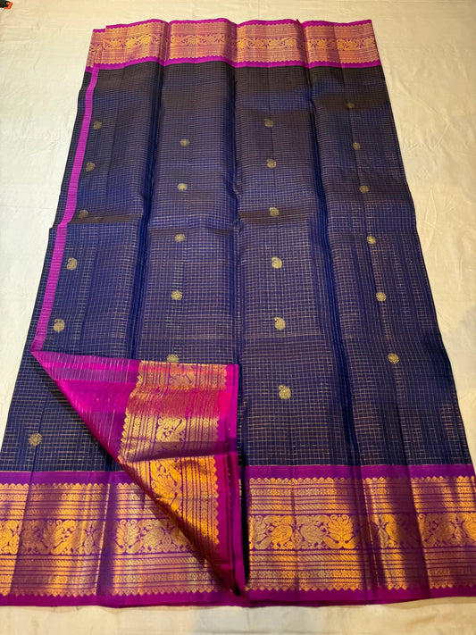 Royal blue and magenta Rettapet Kanchipuram silk saree with Kamalam and Mayil butta — full view