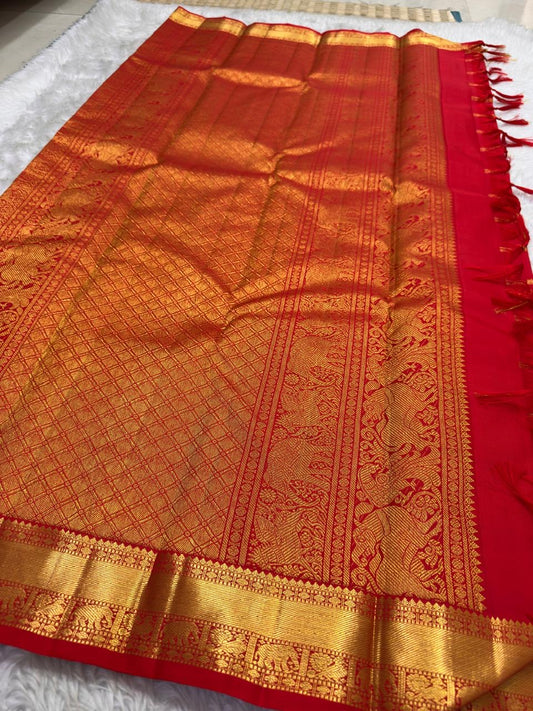 Vermilion Red Handwoven Pure Silk Kanchipuram Saree with Zari Kattam Border