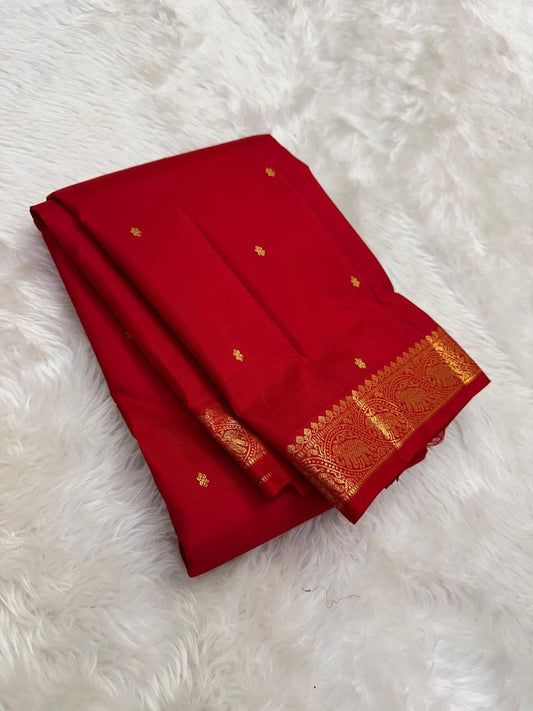 Classic Red Handwoven Pure Silk Kancheepuram Saree with Small Gold Buttas & Petite Zari Elephant Border