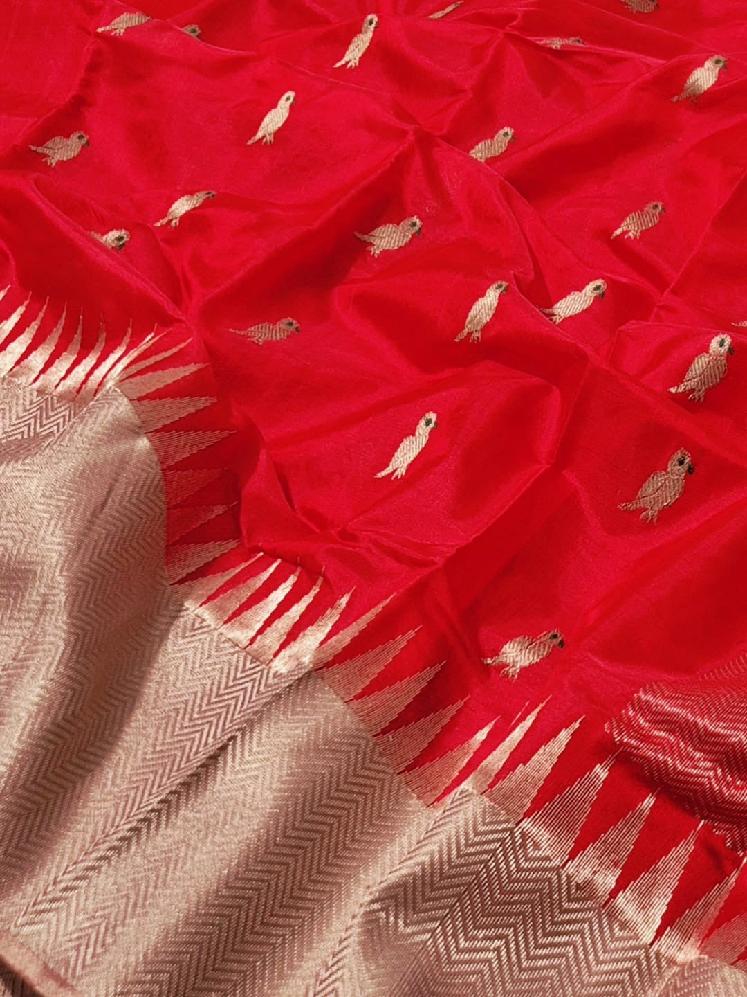Hibiscus red Minakari parrot Pattu Silk Chanderi saree by Idam Living
