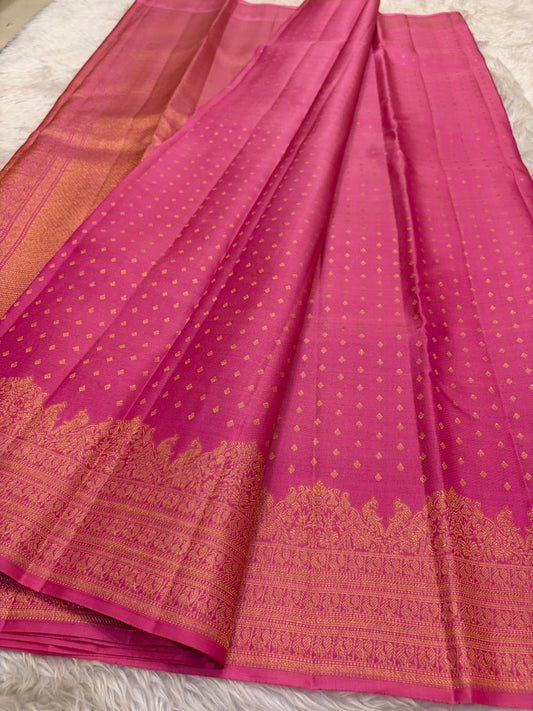 Hot pink Kanchi Pattu saree with zari woven butta and peacock motif border — Idam Living