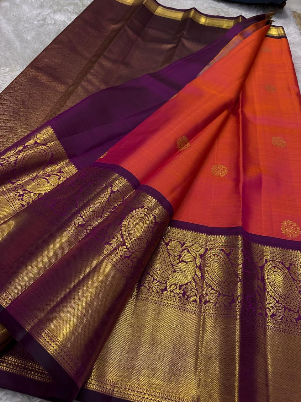 Kanchipattu silk saree in double shade tomato red with hot pink plum purple border border Korvai weave traditional zari detail