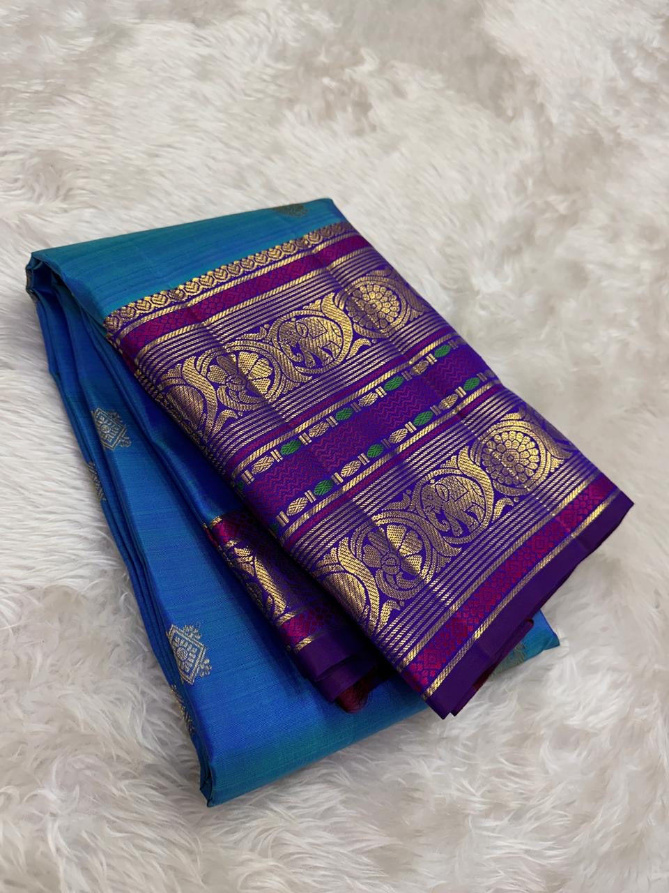 Royal Azure Blue and Orchid Purple Handwoven Korvai Kanchipuram Silk Saree