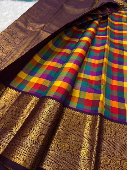 Festival Jewel Checks Handwoven Pure Silk Kanchipuram Kanchi Kattam Saree with Peacock Border – view 2