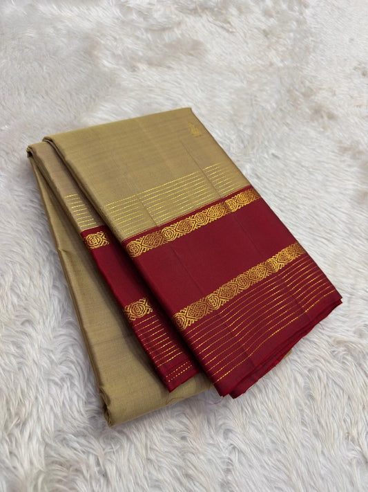 Gold Beige and Maroon Handwoven Pure Silk Kanchipuram Saree with Zari Stripe Border.