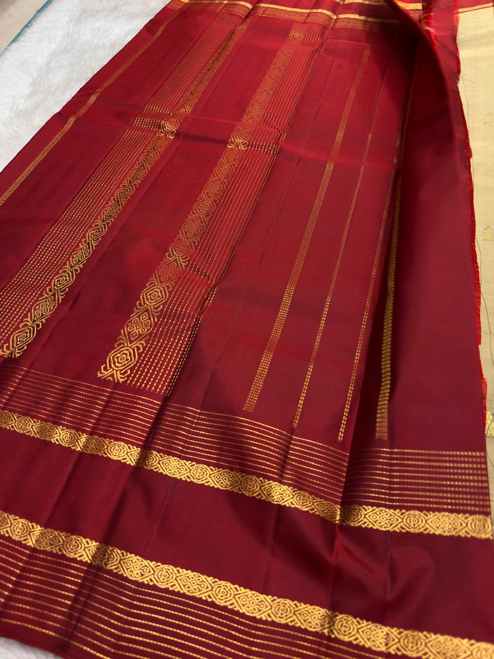 Gold Beige and Maroon Handwoven Pure Silk Kanchipuram Saree with Zari Stripe Border.