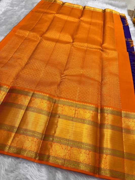 Pure Kanchipuram Silk Saree Purple with Kesar Border and Leaf Butta