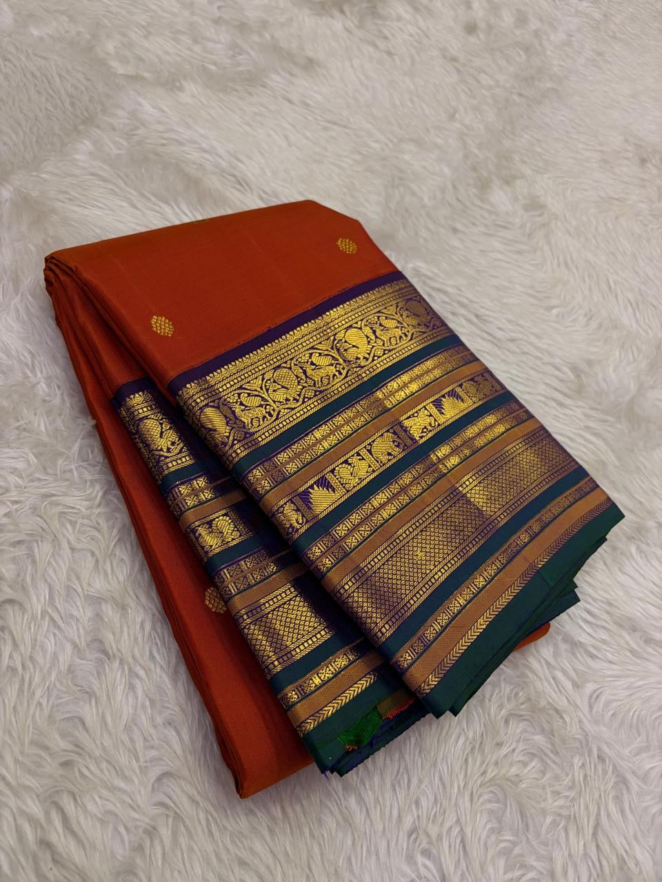 Burnt Rust and Violet Kanchipuram Silk Saree – Traditional Yaanai Border Detail