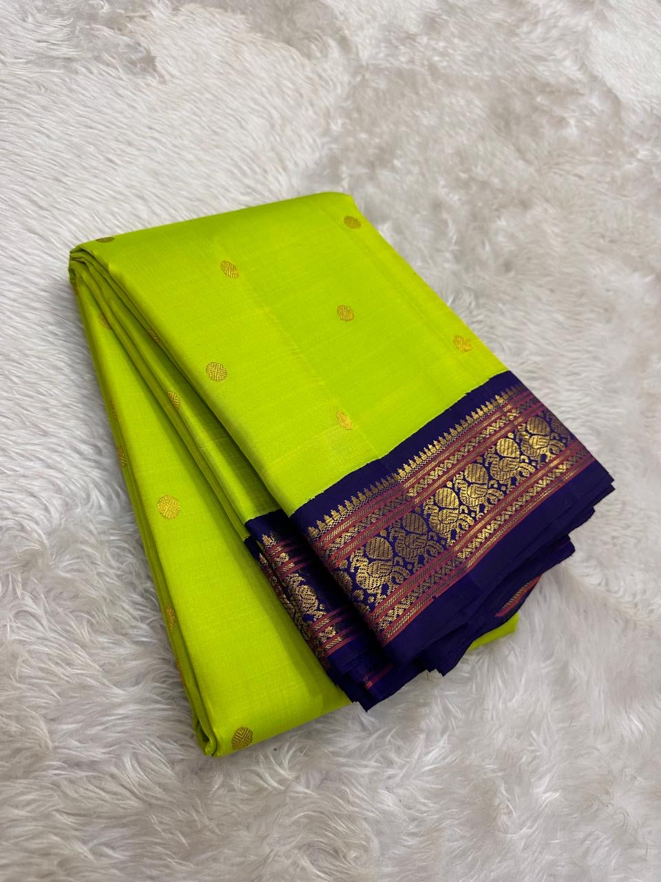 Lime Chartreuse Green and Royal Indigo Blue Handwoven Pure Silk Kanchipuram Saree with Korvai Adai Peacock Border