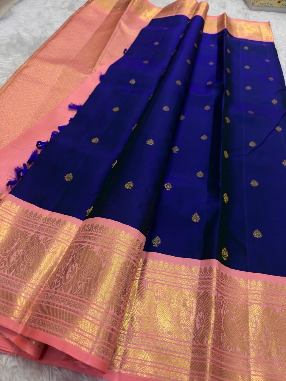 Ink Blue and Blush Pink Handwoven Pure Silk Kanchipuram Saree with Chedi Leaf Zari Butta Border