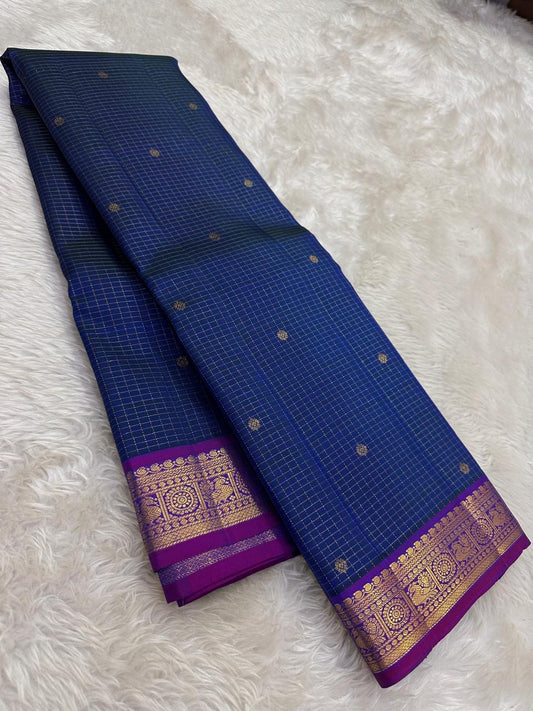 Deep blue Kanjivaram silk saree with traditional antique gold grid detailing