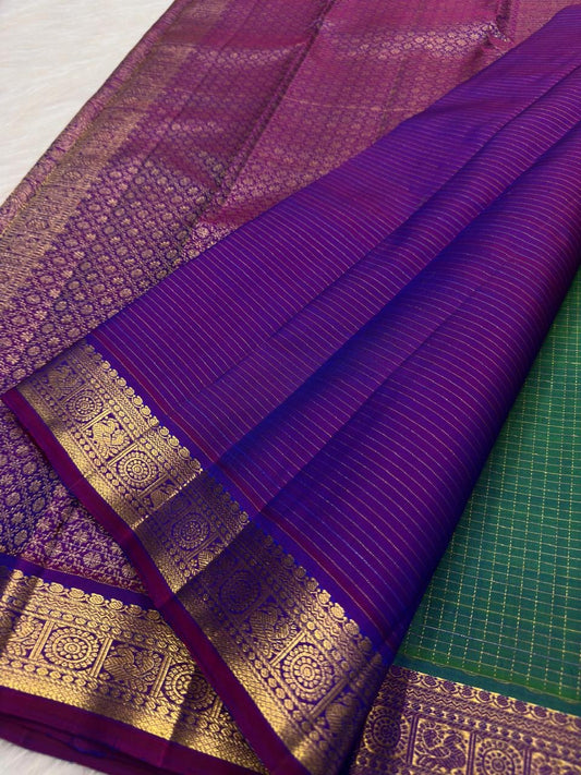 Irattai Niram Kanjeevaram saree with peacock green blue colour shift