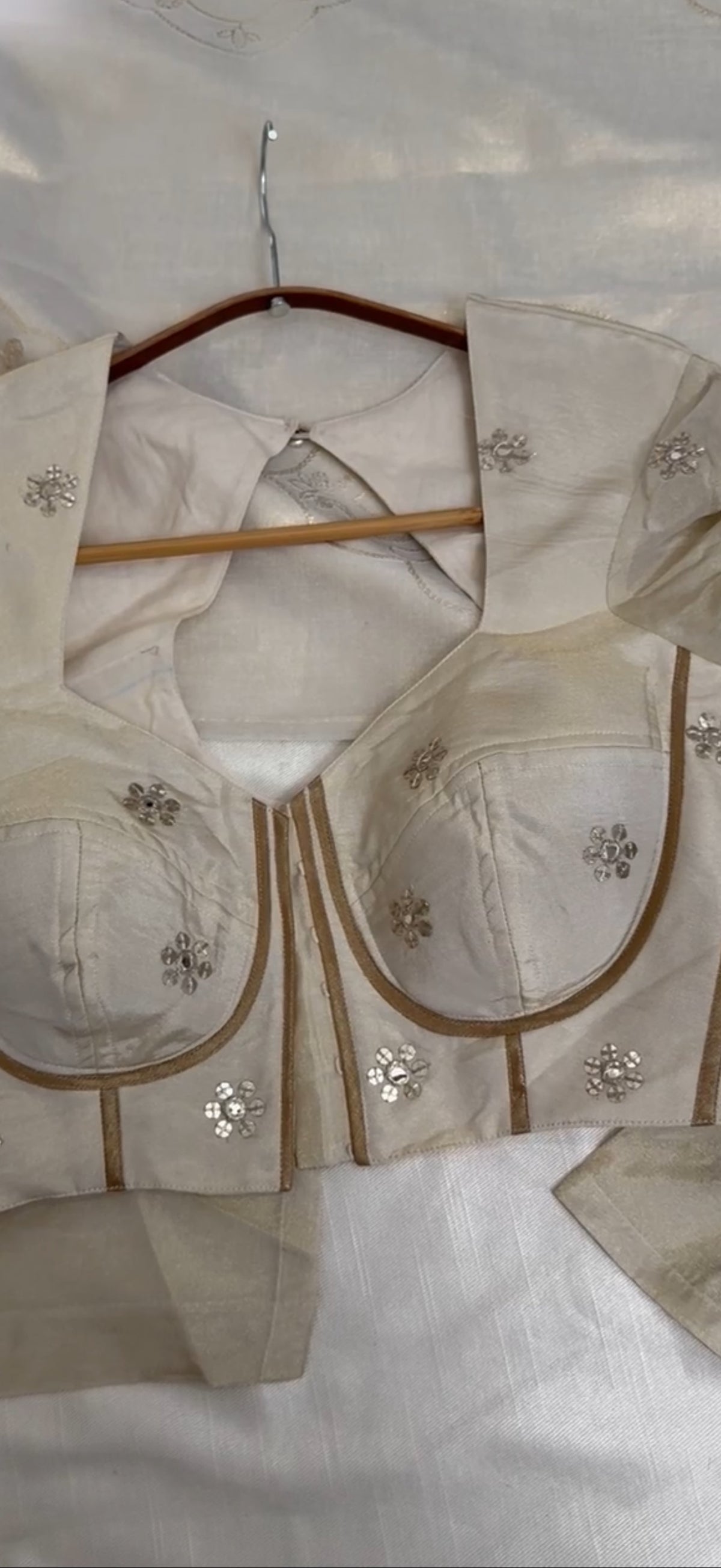 Nila Ivory Tissue Silk Structured Blouse with Gathered Churidar Sleeves and Mirror Work