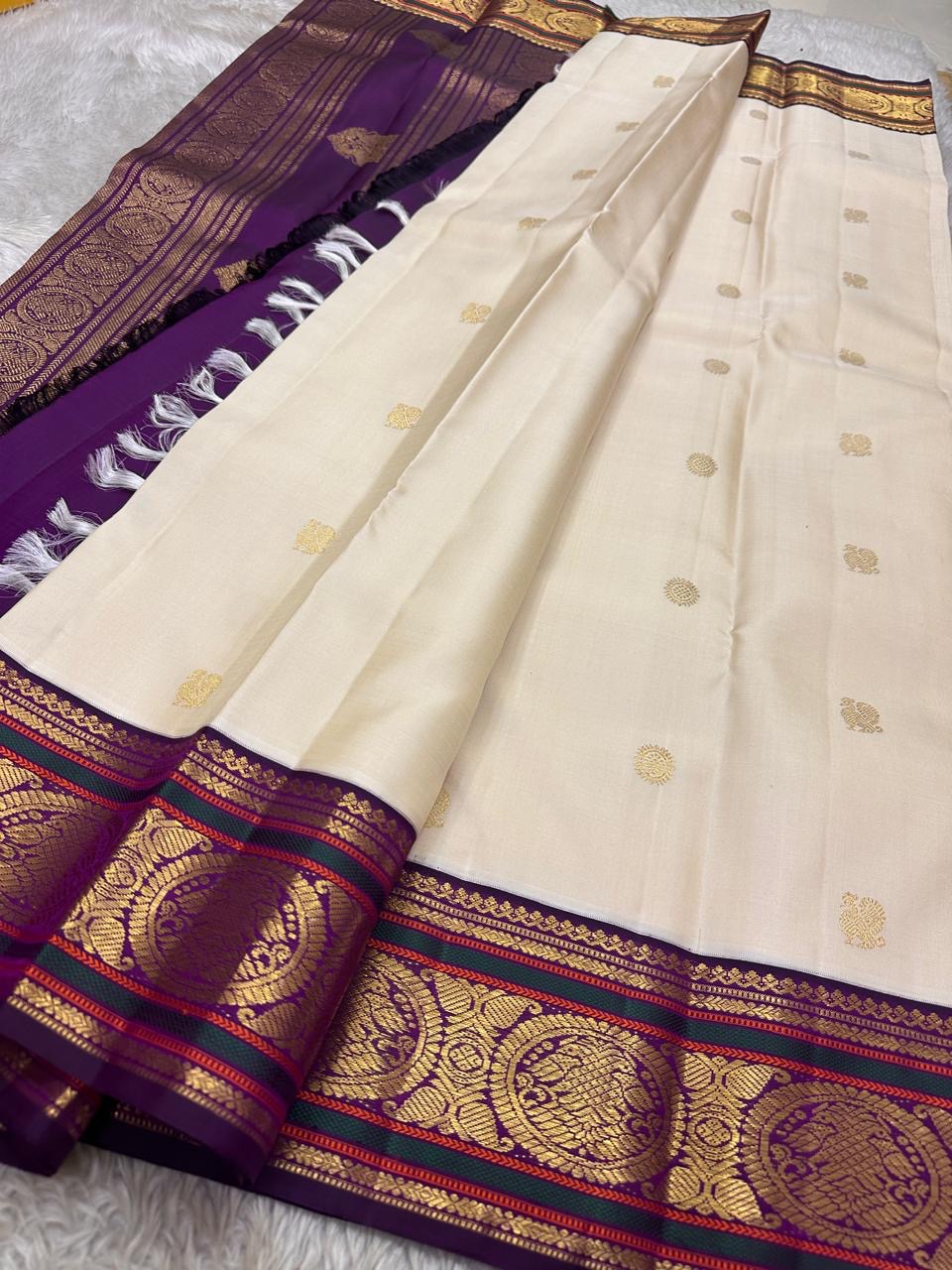 Ivory Kanjeevaram saree with lightweight Korvai deep purple border and Kamalam butta — Idam Living