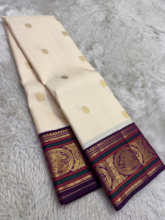 Ivory Kanjipuram pure silk saree with lightweight Korvai and deep purple border — Idam Living