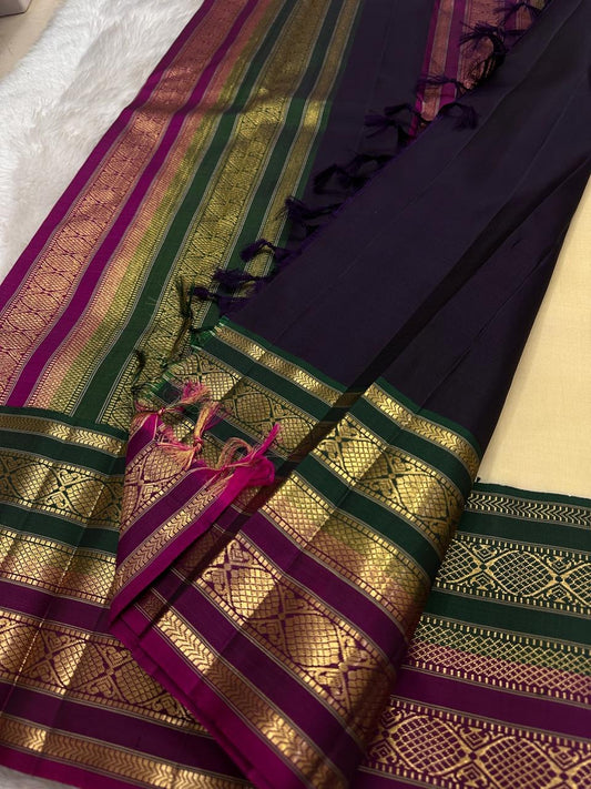 Ivory Handwoven Pure Silk KanchiPattu Saree with Teal and Magenta Varisaipet Border