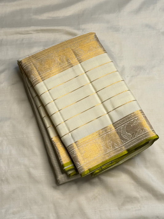 Ivory Handwoven Pure Silk Kancheepuram Zari Kattam Saree with Fresh Green Selvedge