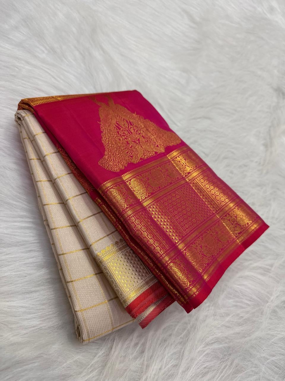 Ivory pure silk Kanjivaram saree — zari kattam