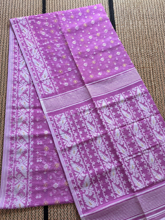 Jamdani saree in fresh color palette with subtle patterns and soft finish