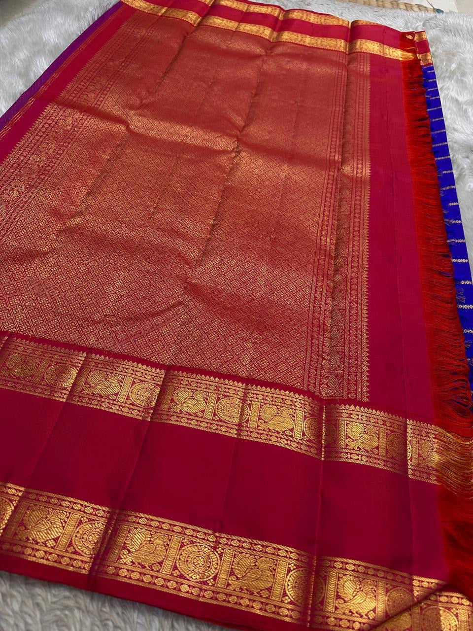 Jewel Blue and Deep Vermillion Handwoven Pure Silk Kanchipuram Saree with Veldhari Border and Zari Kattam