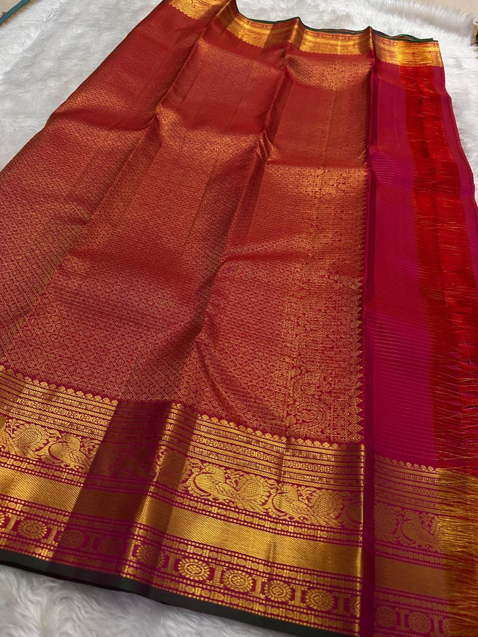Jewel Pink and Antique Gold Handwoven Pure Silk Kanchipuram Saree with Zari Kattam and Mayil Chakram Border